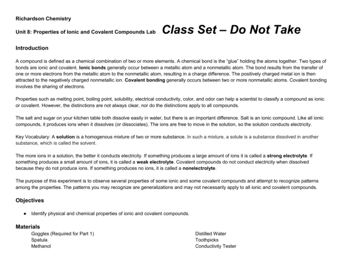 Ionic lab properties covalent compounds