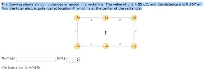 The drawing shows six point charges arranged in a rectangle